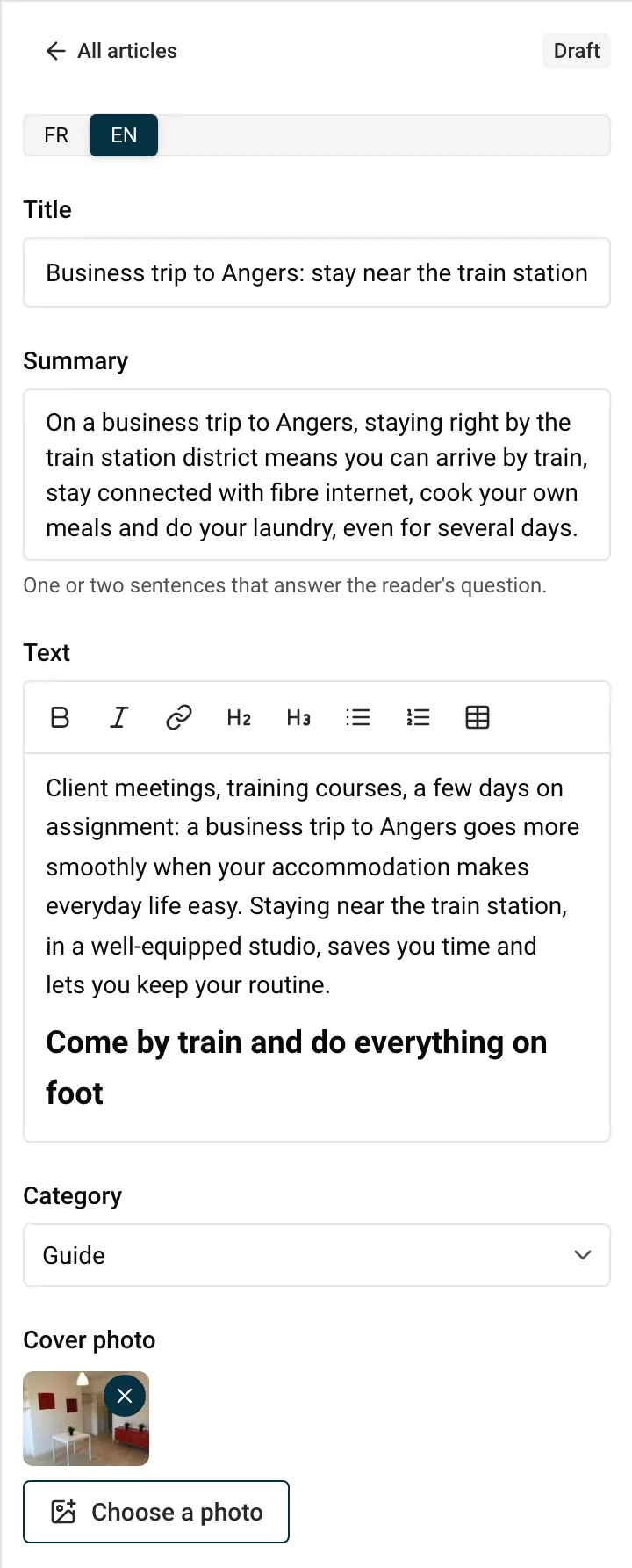 An article being edited: title, summary, text, cover photo and approval