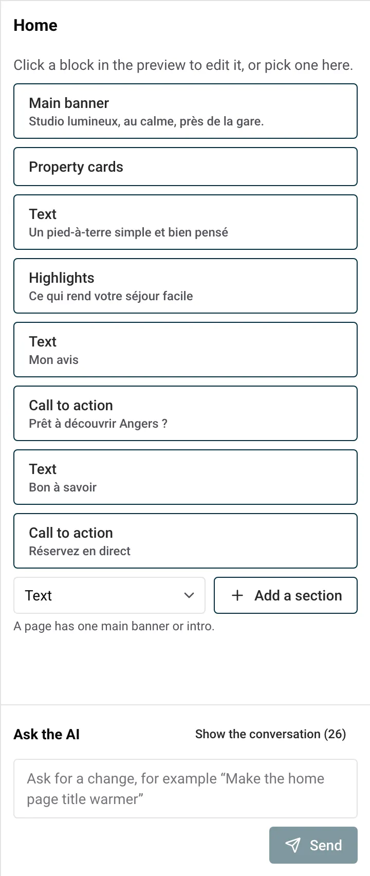 The side panel listing the blocks of the home page, with Add a section at the bottom