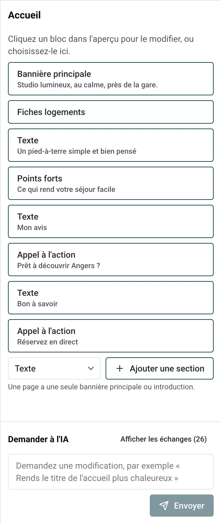 Le panneau latéral avec la liste des blocs de l’accueil et Ajouter une section en bas