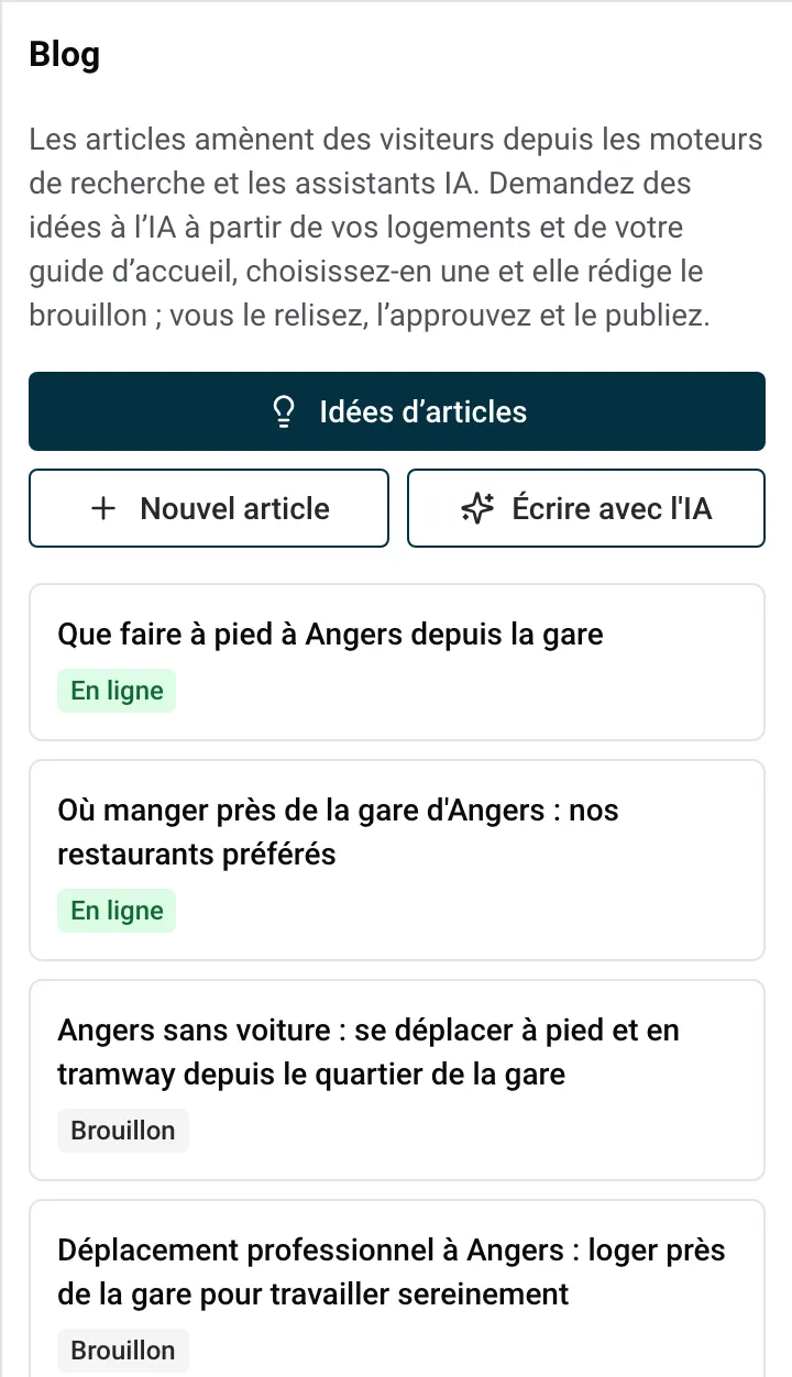 Le panneau Blog de l’éditeur avec la liste des articles et le bouton Idées d’articles