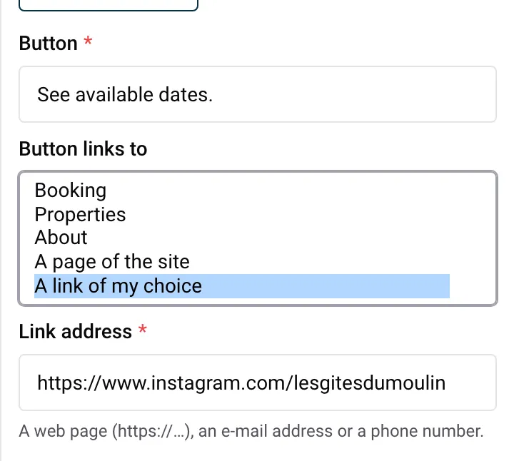 The Button links to list of a button: Booking, Properties, About, A page of the site, A link of my choice