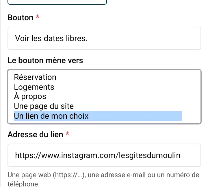 La liste Le bouton mène vers d’un bouton : Réservation, Logements, À propos, Une page du site, Un lien de mon choix
