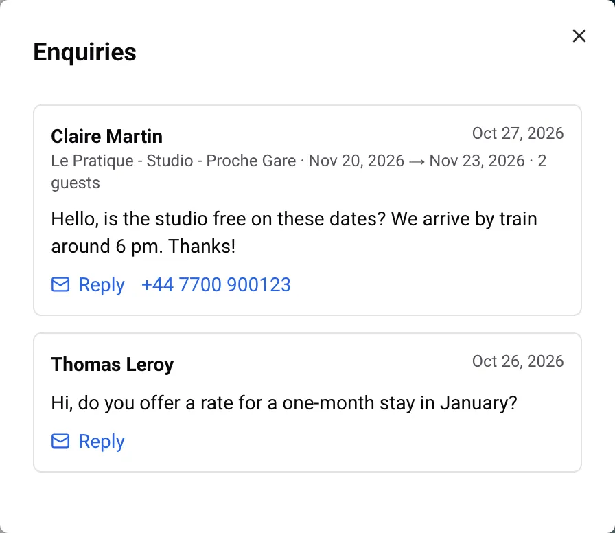 The Enquiries panel with messages from the contact form