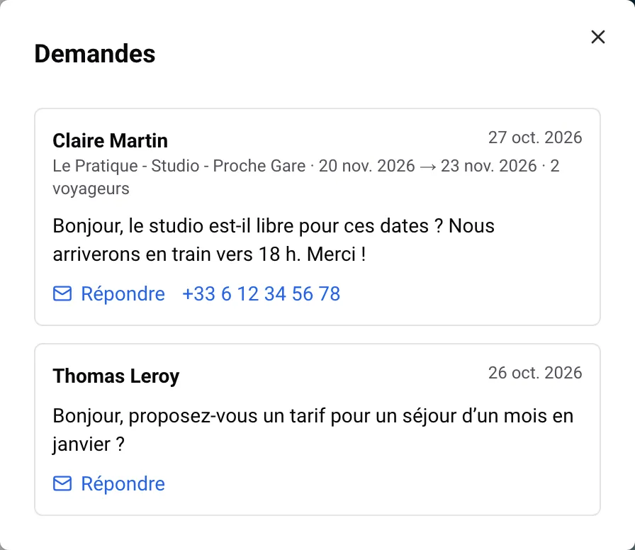 Le panneau Demandes avec les messages du formulaire de contact