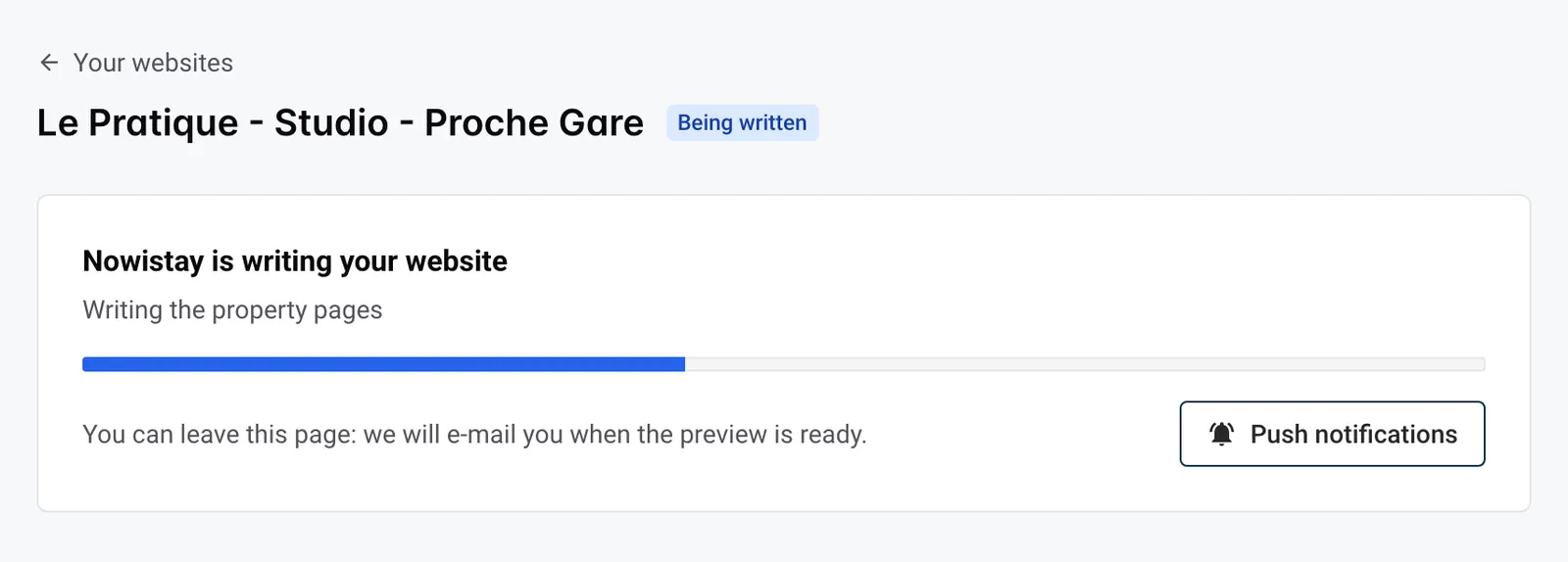 Nowistay is writing your website, with the current stage and the progress bar