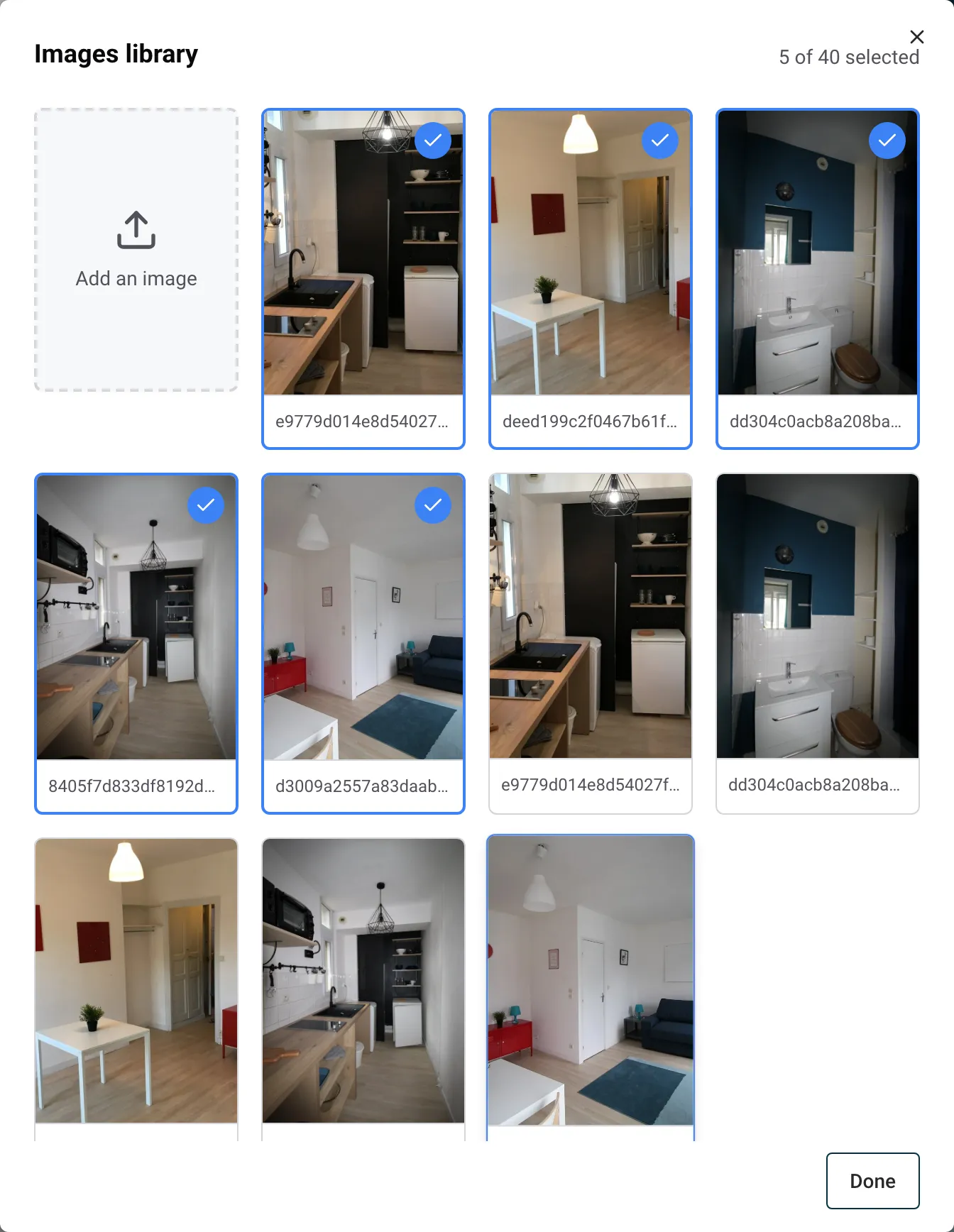 The Images library of a property, with photos selected for the block