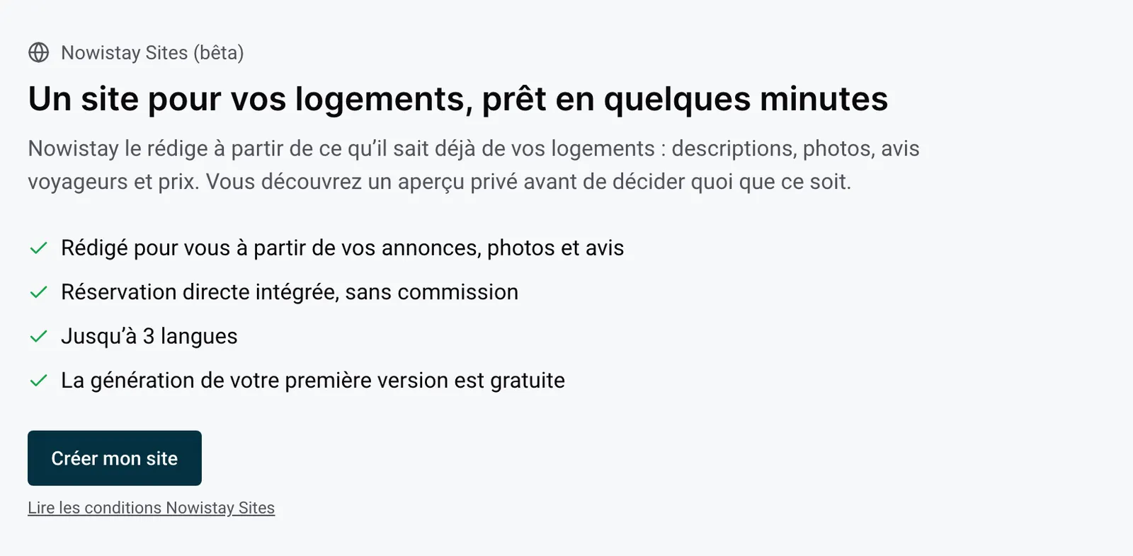 La page Site web avant votre premier site, avec Un site pour vos logements, prêt en quelques minutes et le bouton Créer mon site