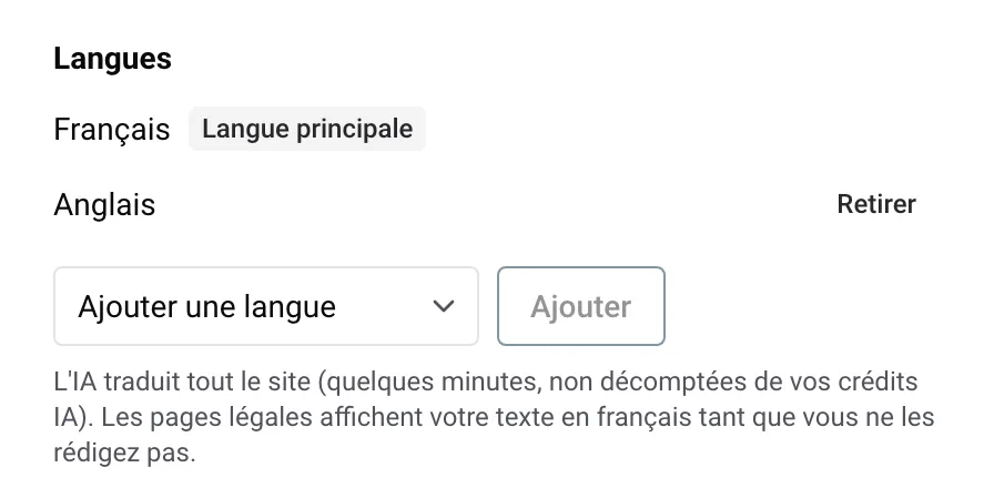 La partie Langues des réglages du site, avec la langue principale et Ajouter une langue