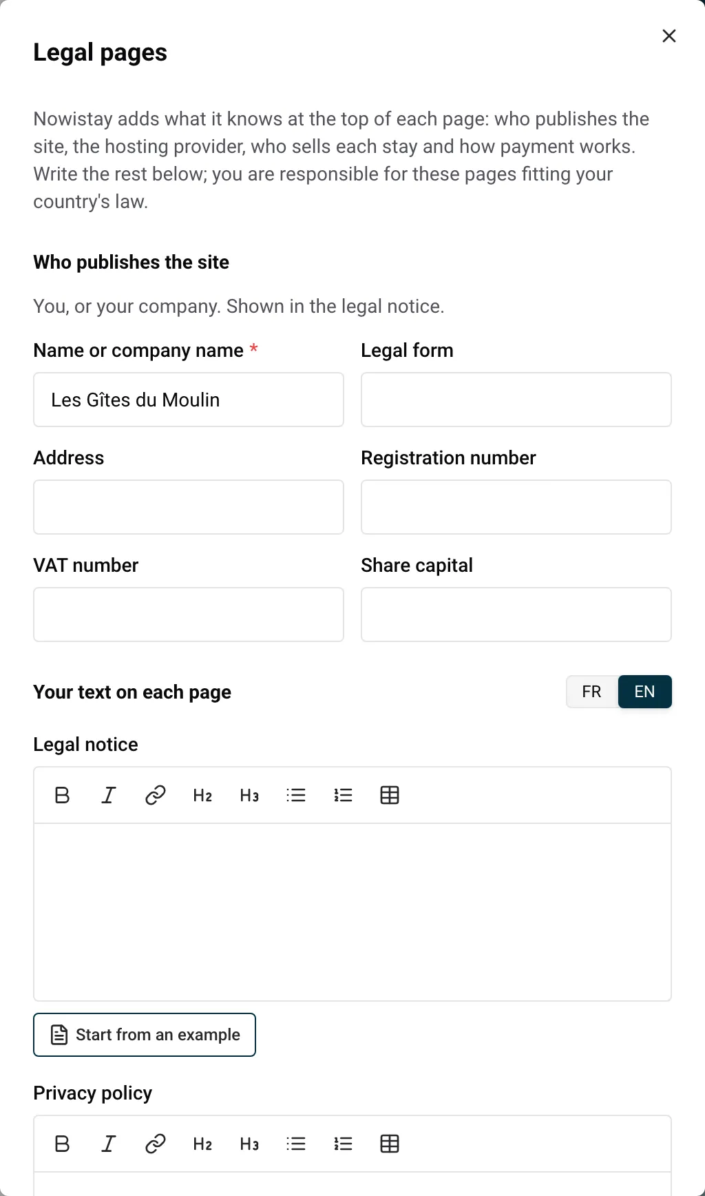 The Legal pages panel with Who publishes the site and the text of each page