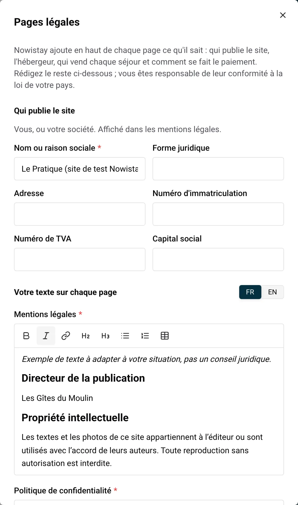 Le panneau Pages légales avec Qui publie le site et le texte de chaque page
