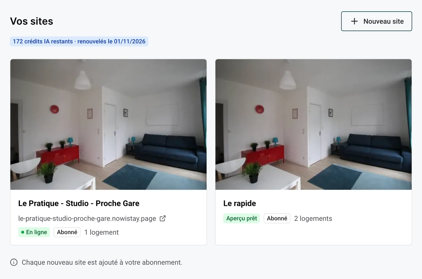 La liste Vos sites avec la carte d’un site : badge En ligne, Abonné, nombre de logements et crédits IA restants