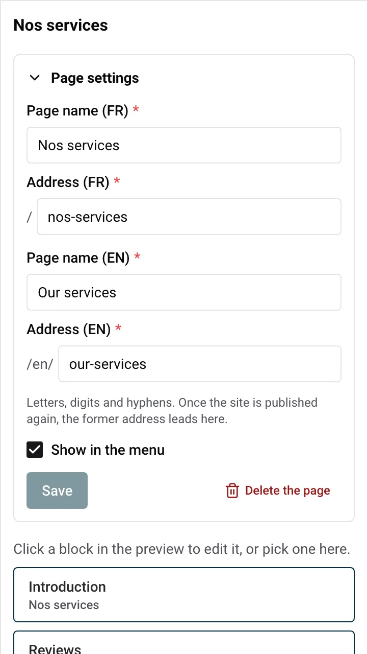 Page settings unfolded with the page name, the address and Show in the menu
