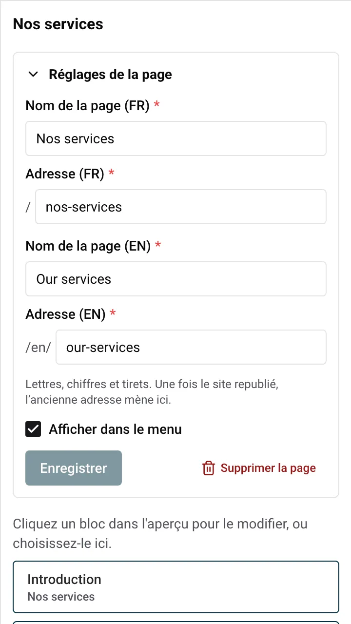Les réglages de la page dépliés avec le nom, l’adresse et Afficher dans le menu
