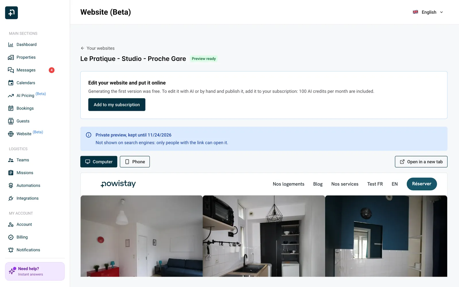 The private preview of a website with the offer to add it to your subscription