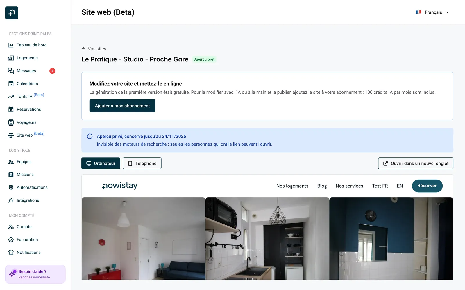 L’aperçu privé d’un site avec l’offre pour l’ajouter à votre abonnement