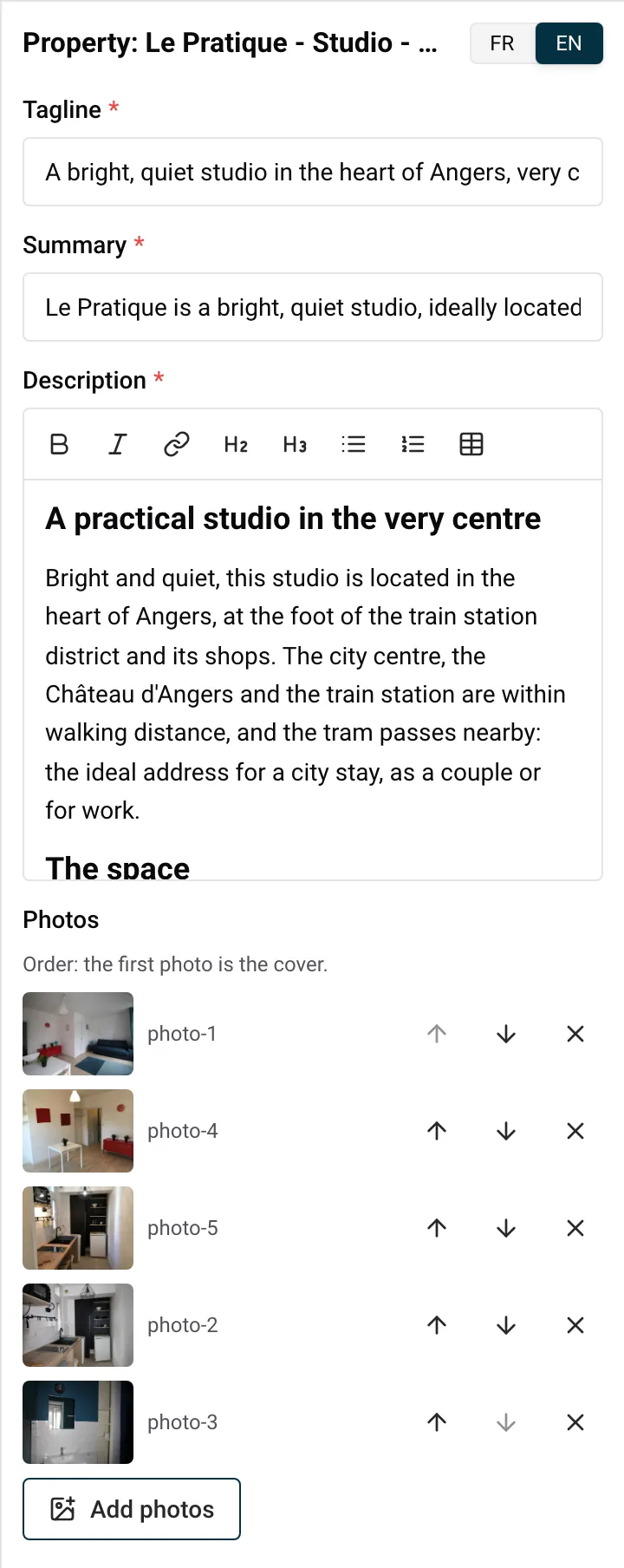 The Property panel with the tagline, summary, description and the ordered photos