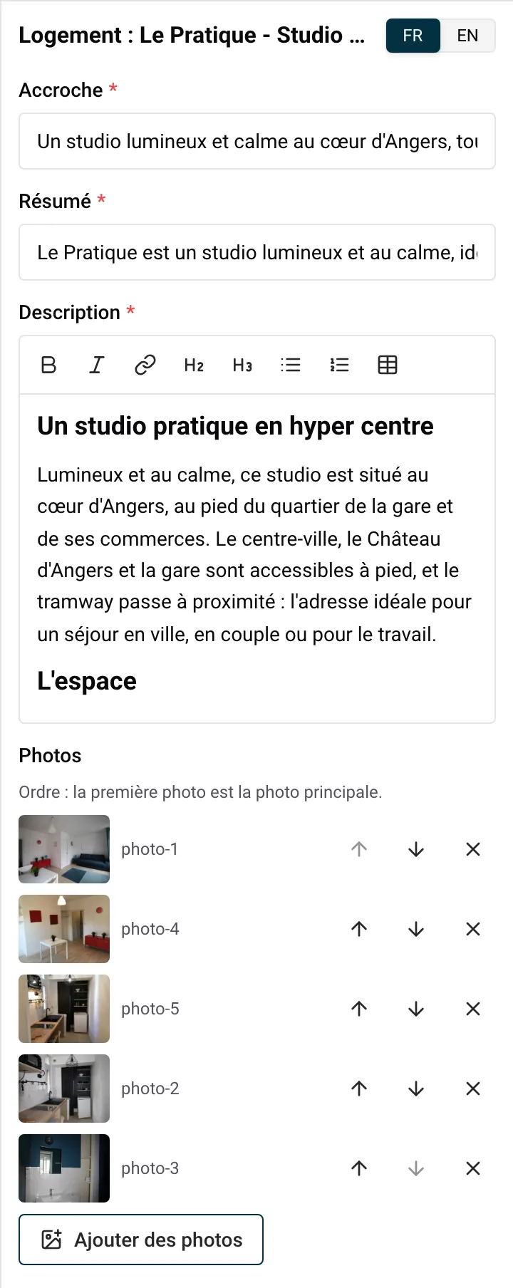 Le panneau Logement avec l’accroche, le résumé, la description et les photos dans l’ordre