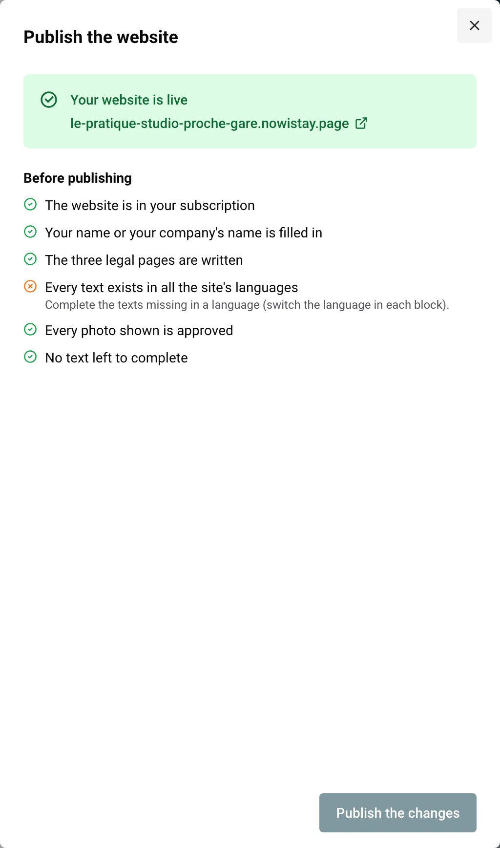 The Publish the website panel with the Before publishing checklist