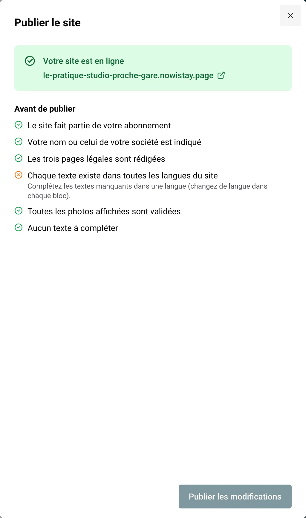 Le panneau Publier le site avec la liste Avant de publier