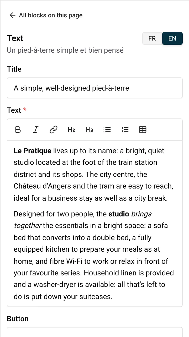A long text field with its formatting toolbar: bold, italic, link, heading, subheading, lists and table
