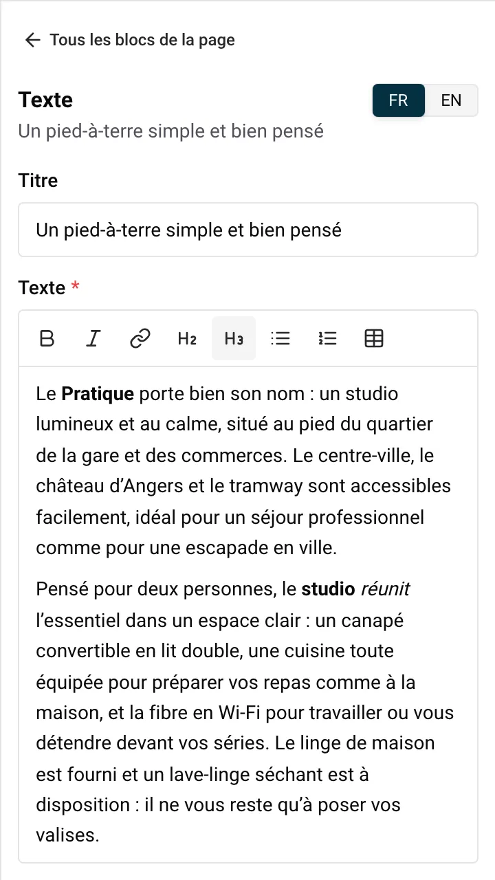 Un champ de texte long avec sa barre de mise en forme : gras, italique, lien, titre, sous-titre, listes et tableau