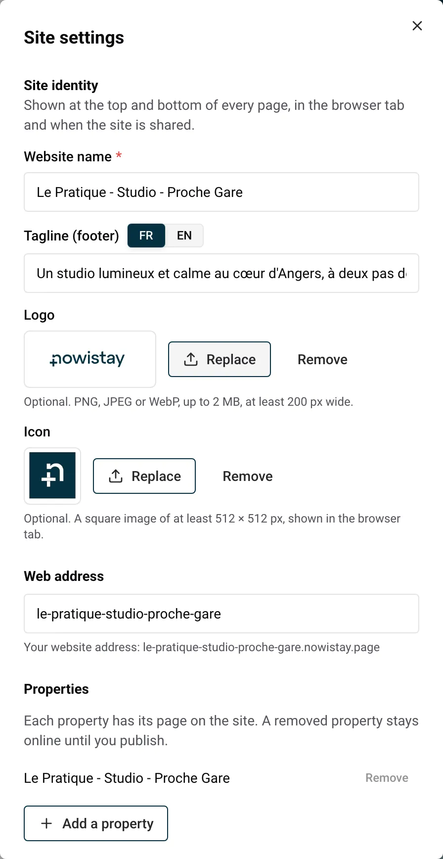The Site settings panel of the website editor