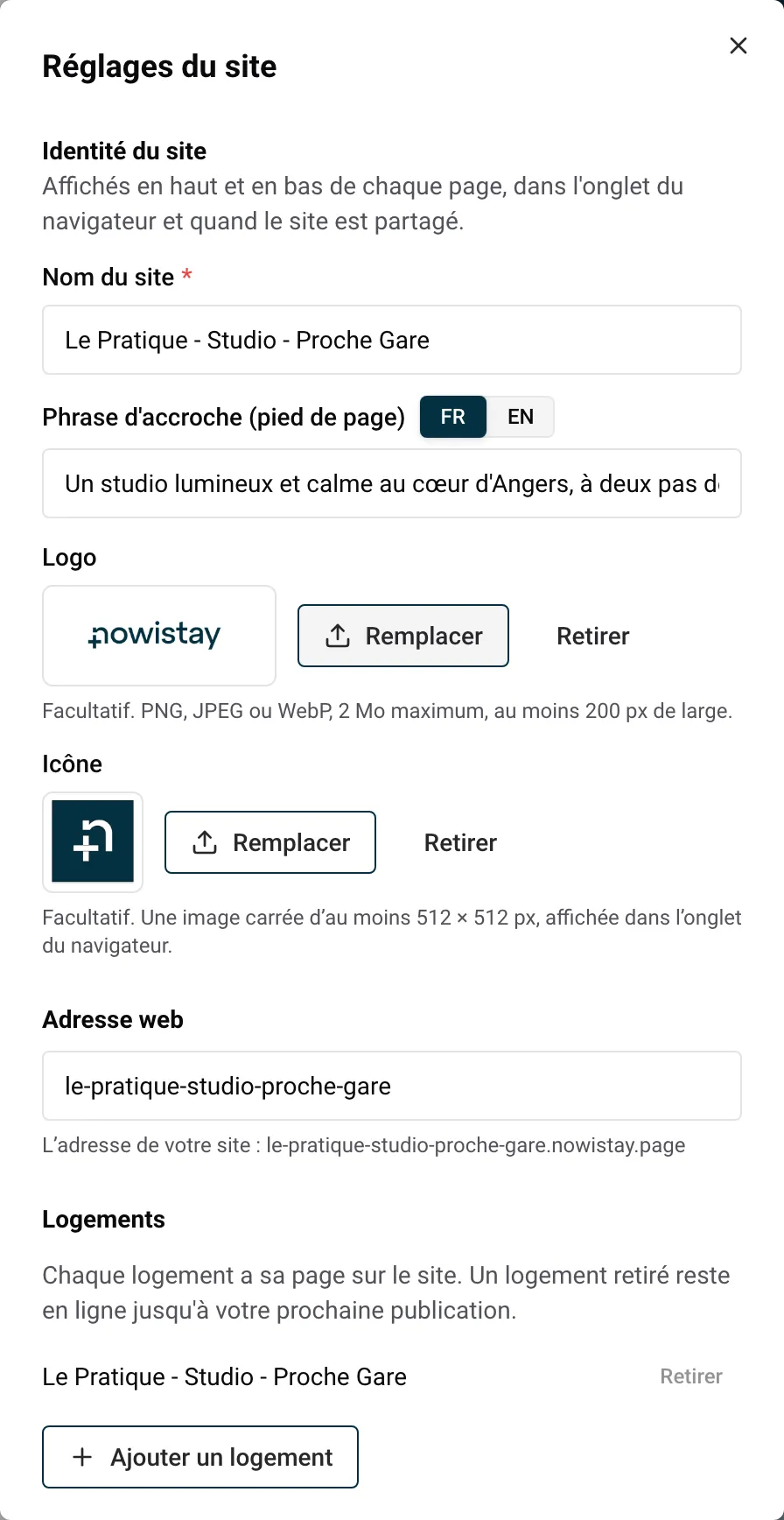 Le panneau Réglages du site de l’éditeur