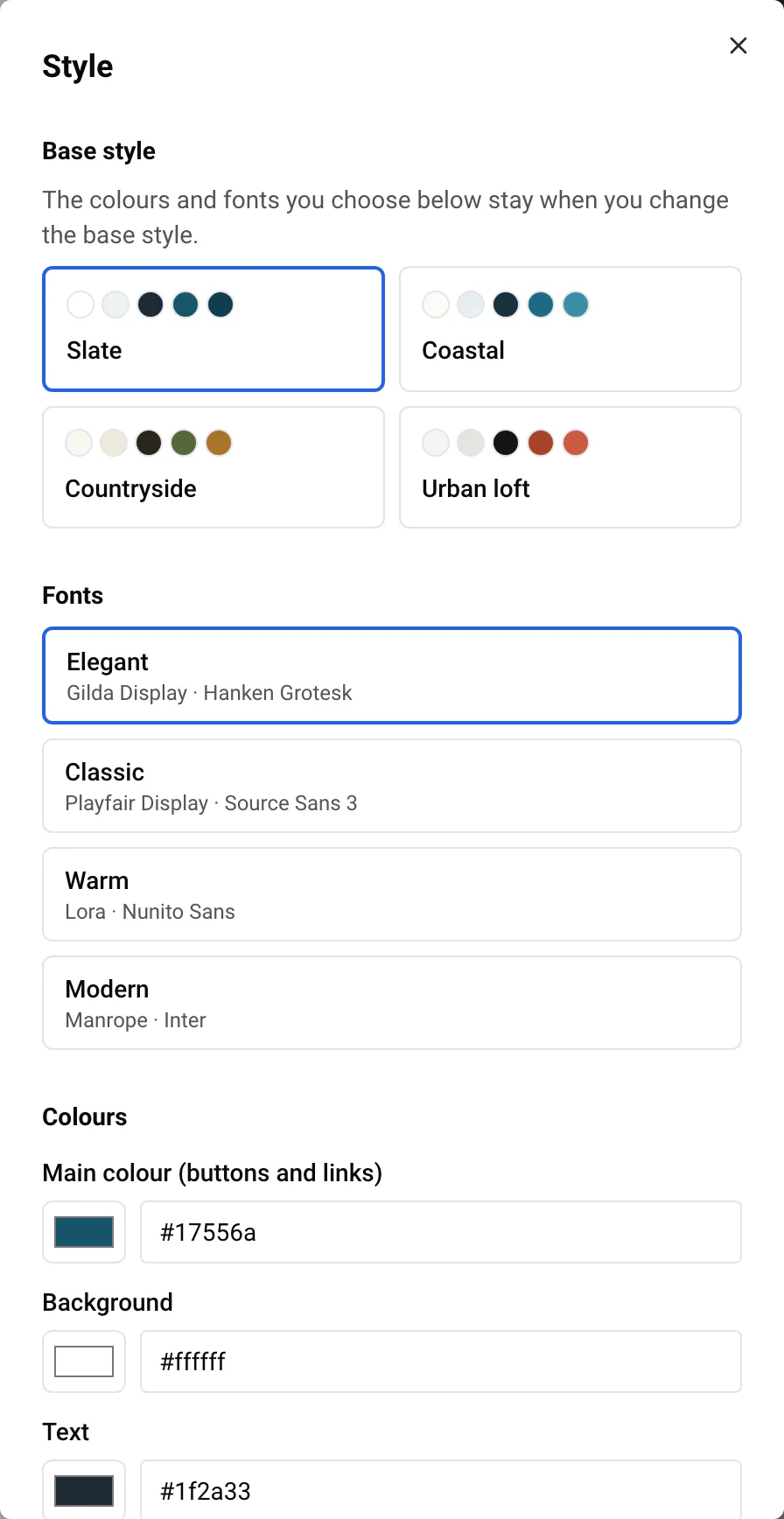 The Style panel: base styles, fonts and colours