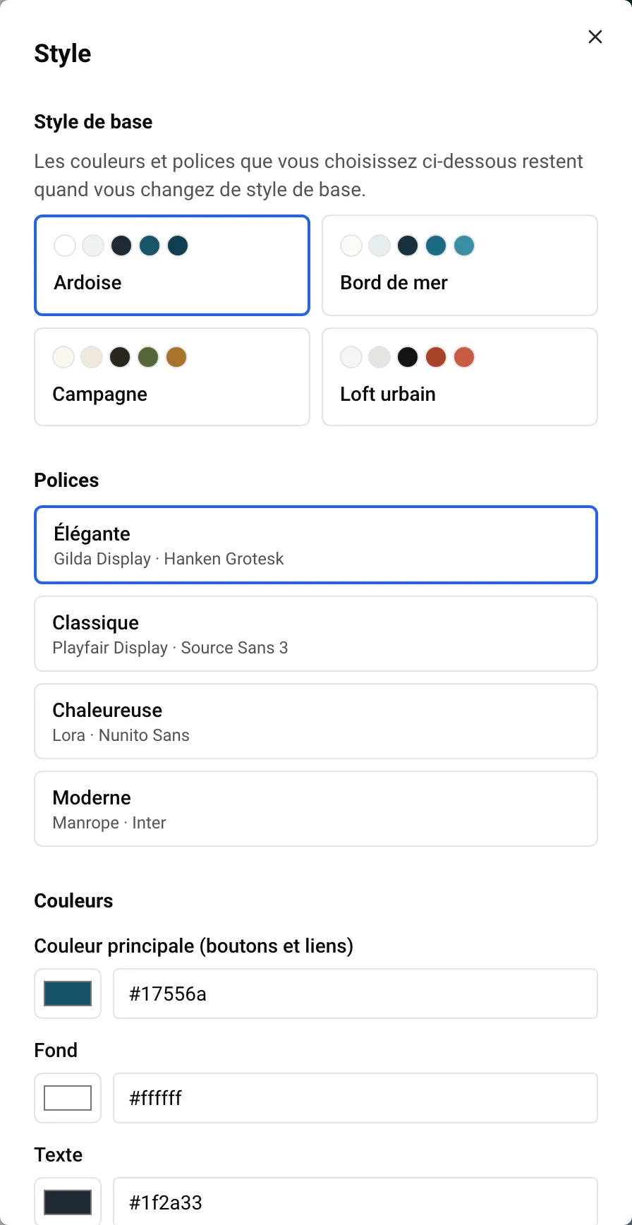Le panneau Style : styles de base, polices et couleurs