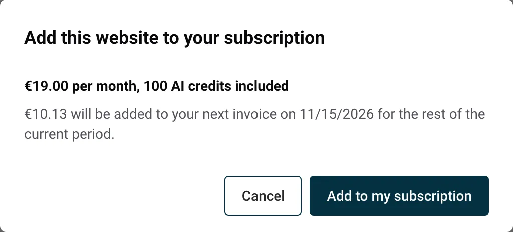 The window Add this website to your subscription, with the price and the amount added to the next invoice
