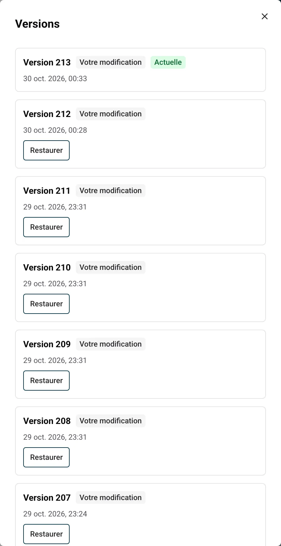 Le panneau Versions avec les dernières versions et leur bouton Restaurer