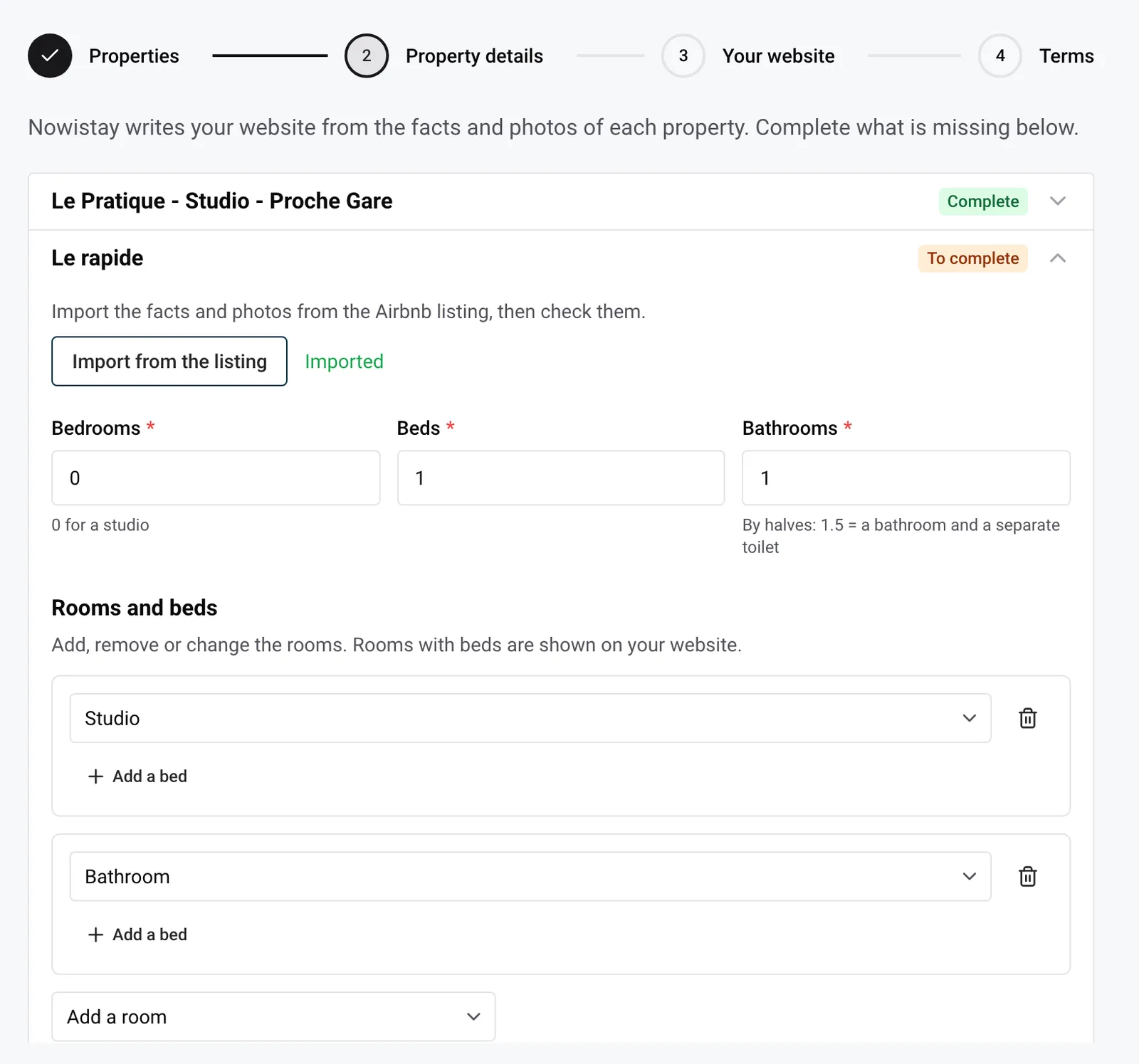Step Property details: the bedrooms, beds and bathrooms counts, rooms and beds, and the Import from the listing button