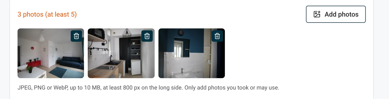Photos of a property in Create my website: the photo counter, the thumbnails and the Add photos button