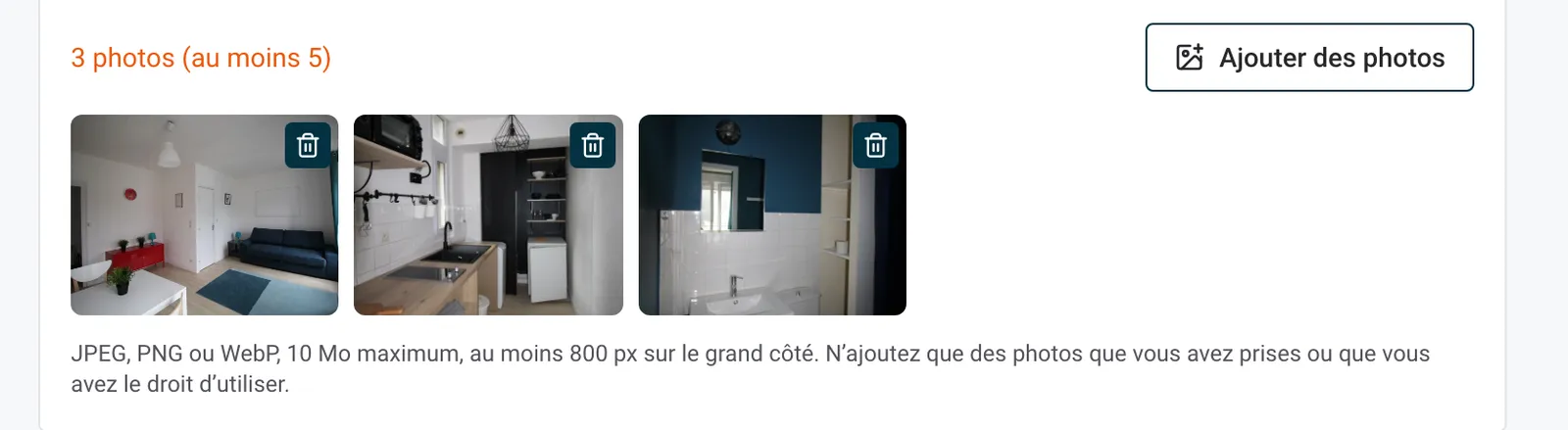 Photos d’un logement dans Créer mon site : le compteur de photos, les miniatures et le bouton Ajouter des photos