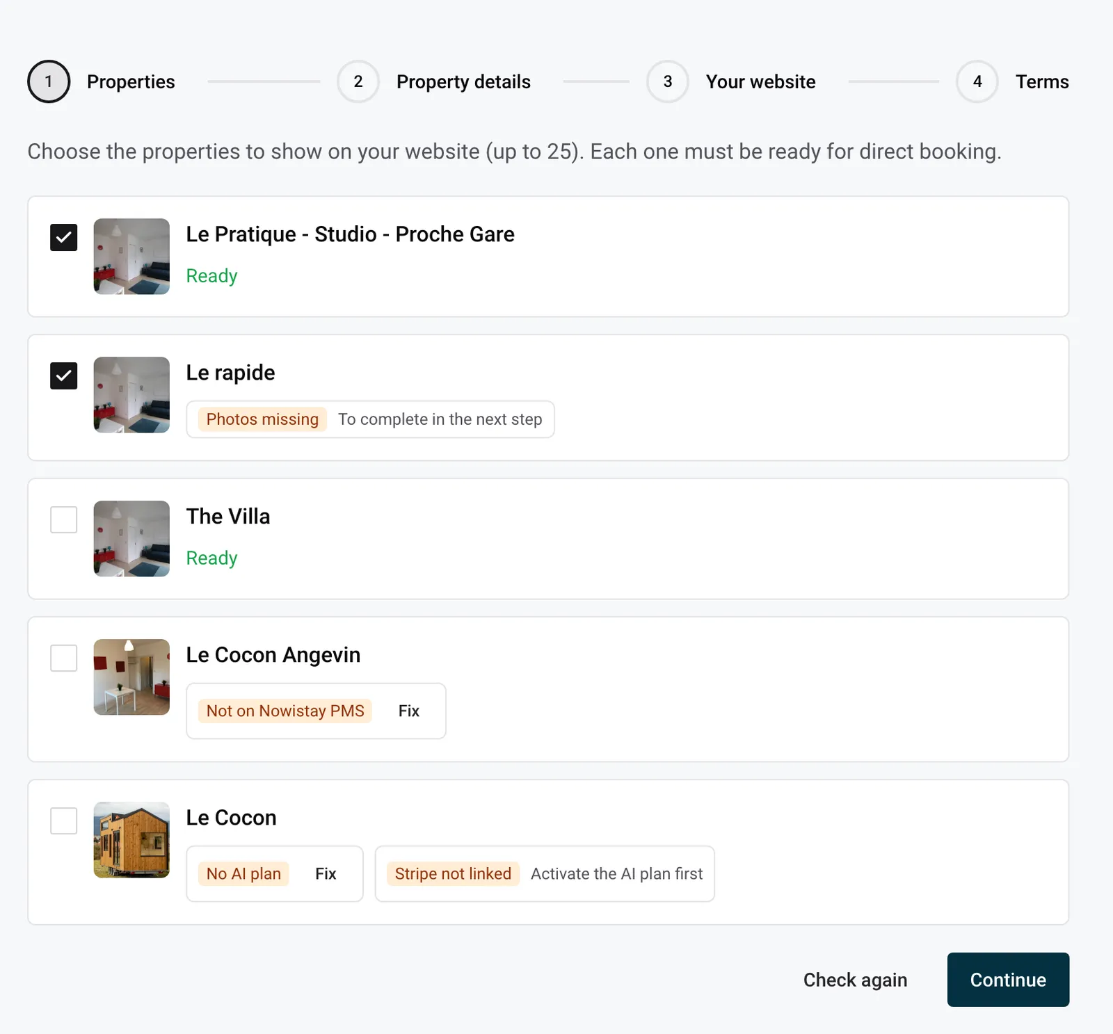 The Properties step of website creation, with a Ready property and properties with missing items