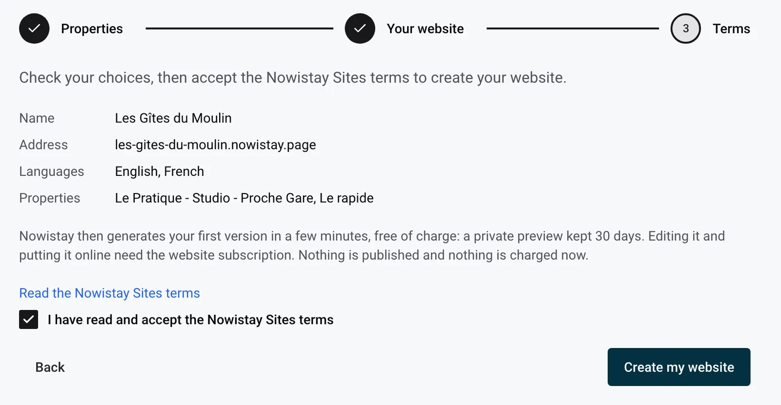 Step Terms: the summary of the website, the explanation and the Create my website button