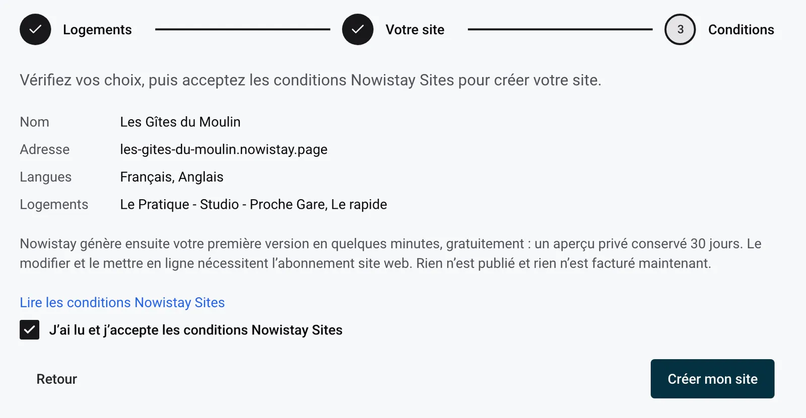 Étape Conditions : le récapitulatif du site, l’explication et le bouton Créer mon site