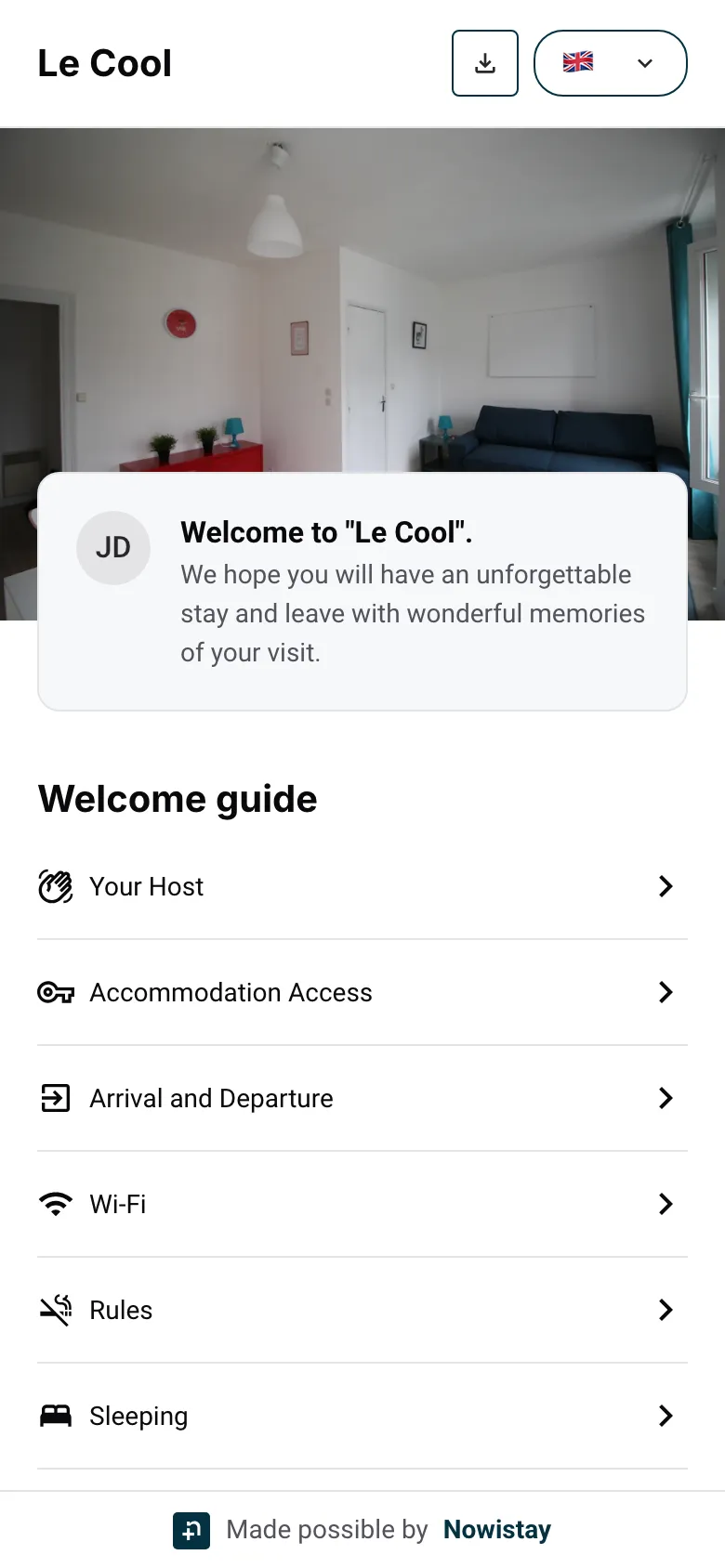 The welcome guide as guests see it on their phone