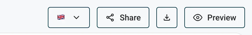 The buttons at the top right of the guide: language, Share, PDF export and Preview
