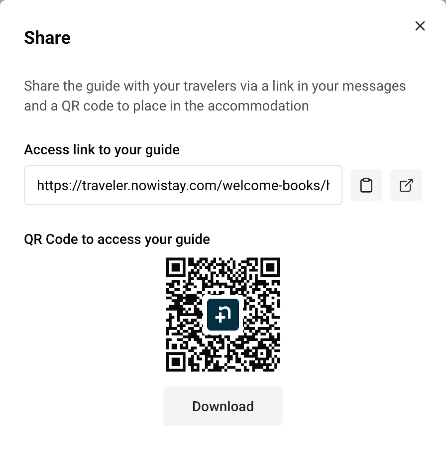 The Share window: access link to the guide and QR code to download