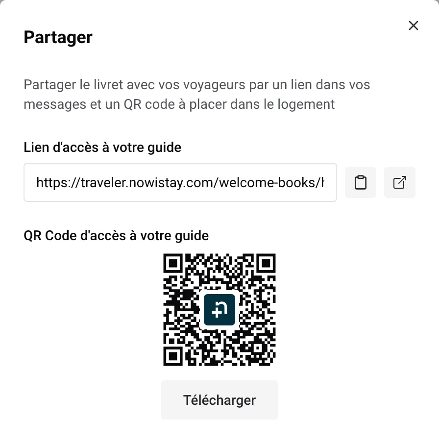 La fenêtre Partager : lien d'accès au guide et QR code à télécharger