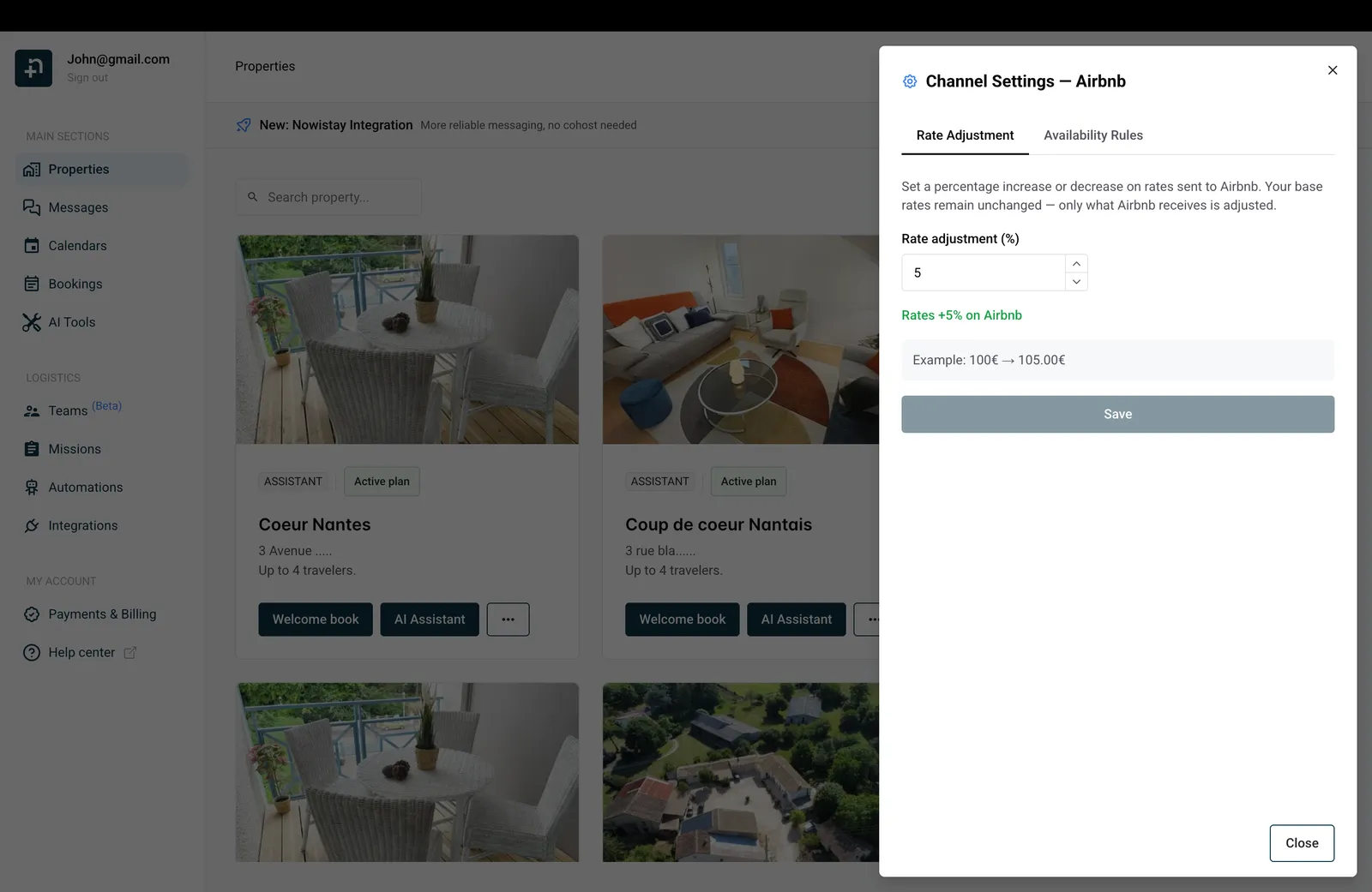 Airbnb channel settings showing 5 percent rate adjustment with price example