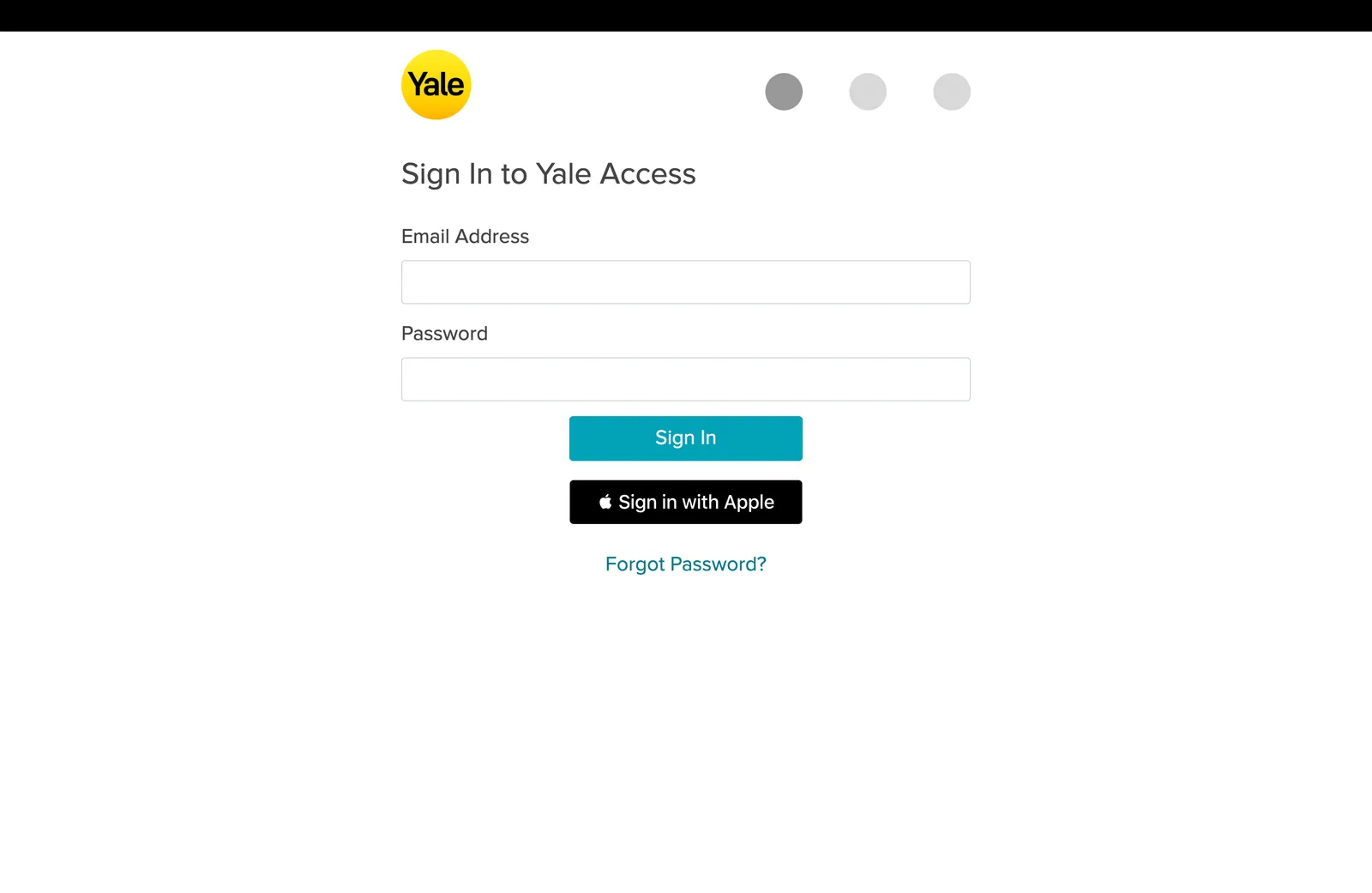 Écran de connexion Yale Access avec les champs email et mot de passe