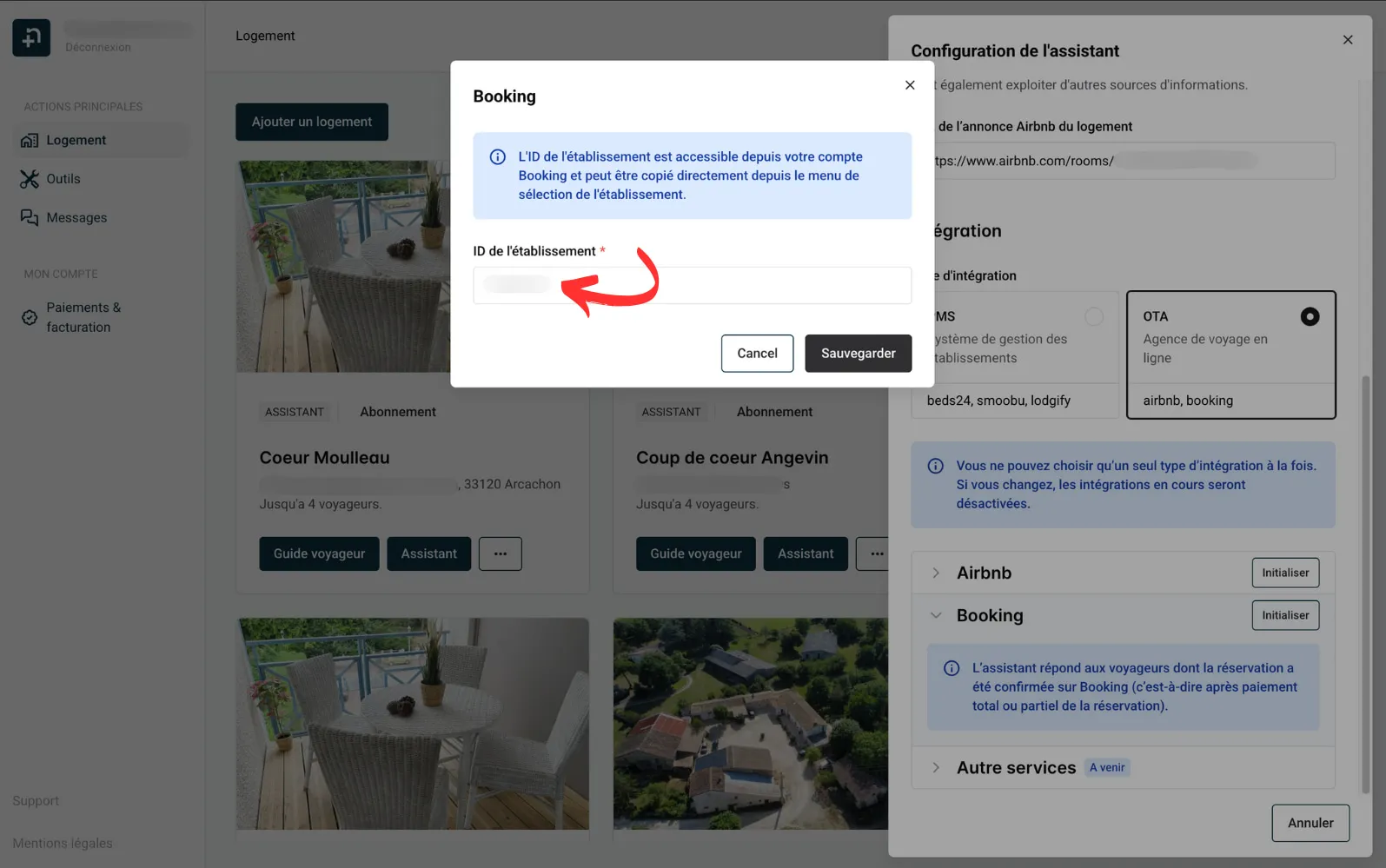 Saisie de l'ID Établissement Booking