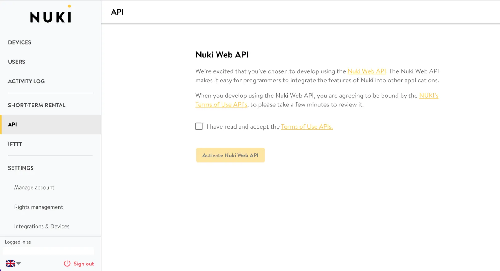 Page d'activation de l'API Nuki Web