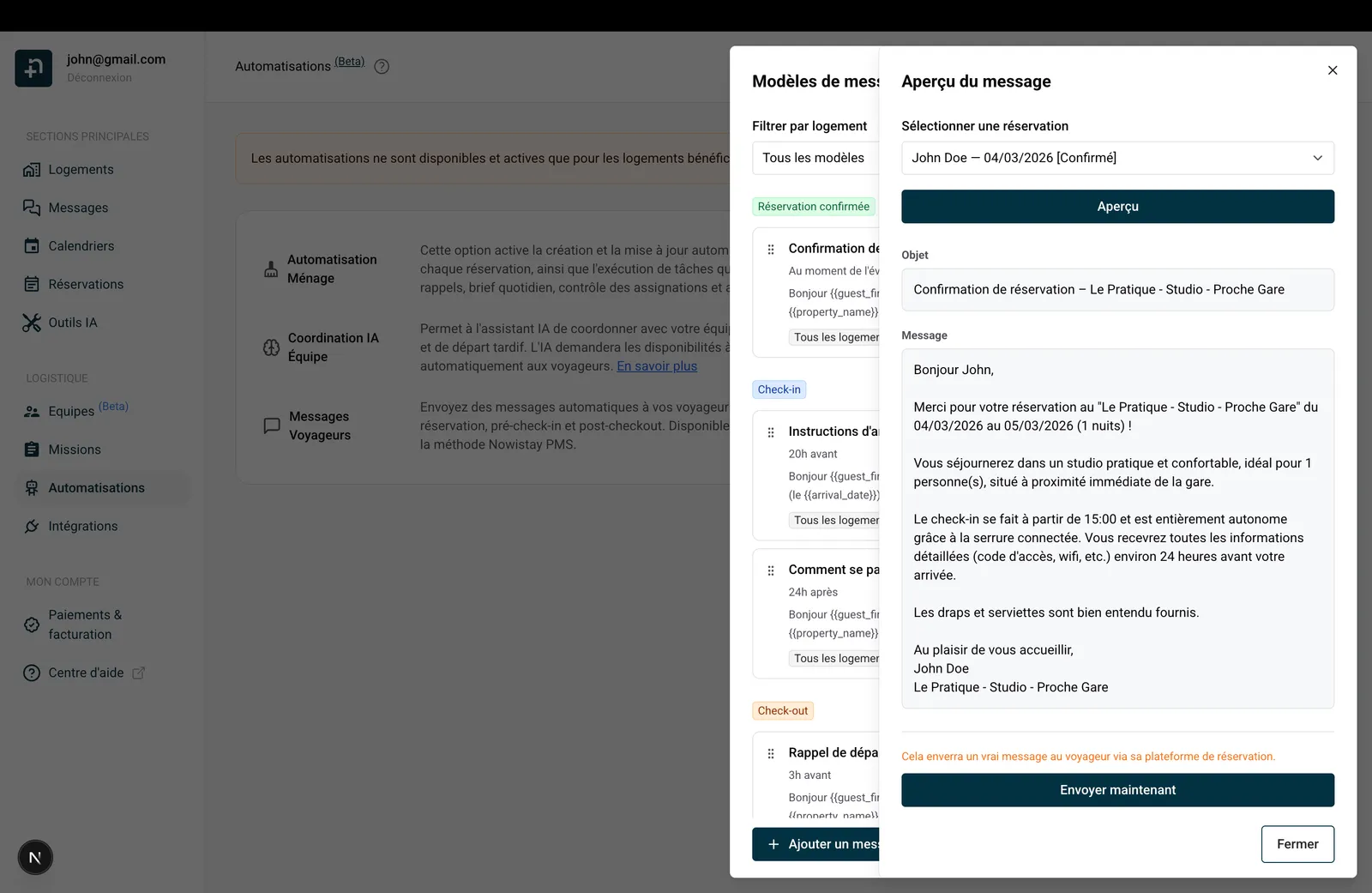 Boîte de dialogue Aperçu du message montrant une prévisualisation avec l'objet résolu, le contenu complet et le bouton Envoyer maintenant