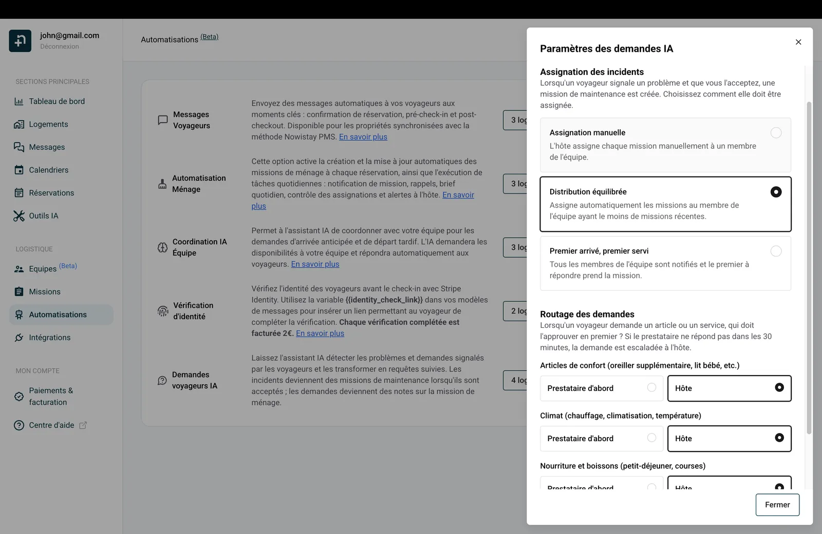 Le panneau Paramètres des demandes IA avec deux sections : Assignation des incidents et Routage des demandes.