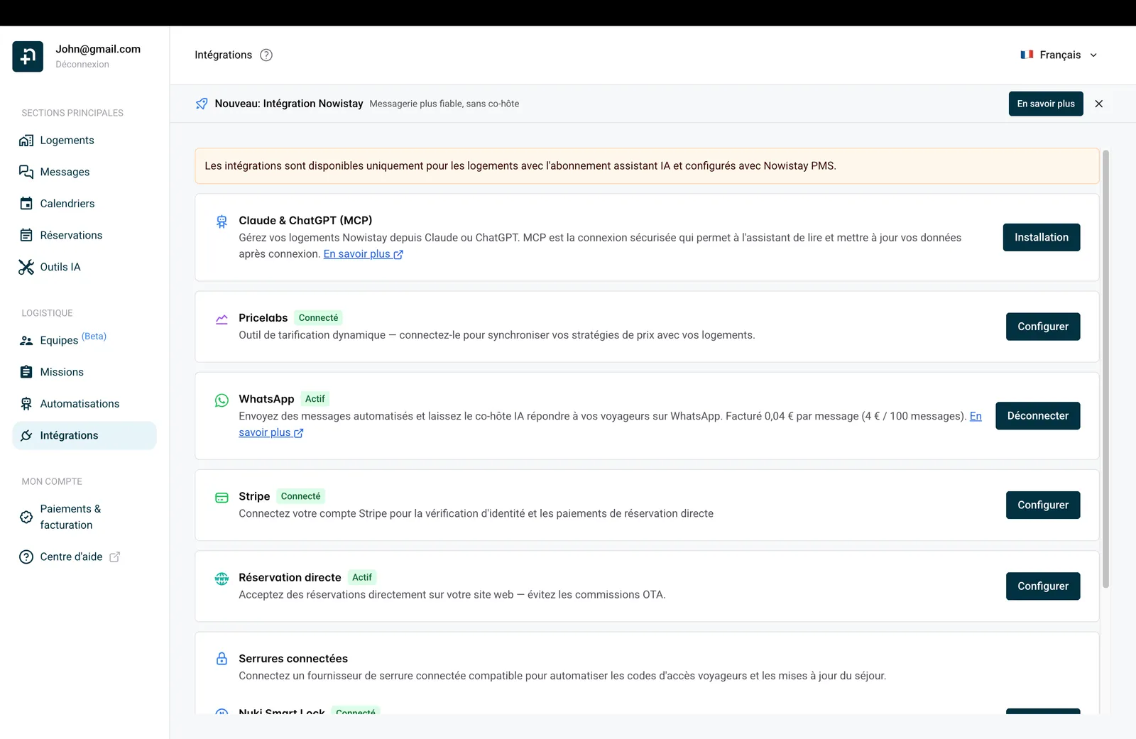 Page des intégrations Nowistay