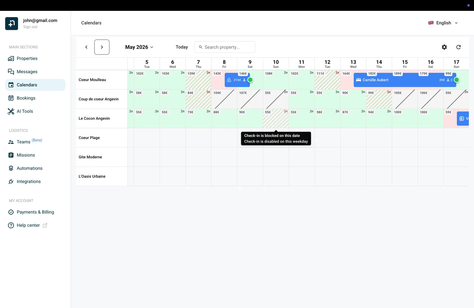 Kalender met een tooltip bij een beperkte datum die uitlegt dat aankomst op deze weekdag is uitgeschakeld