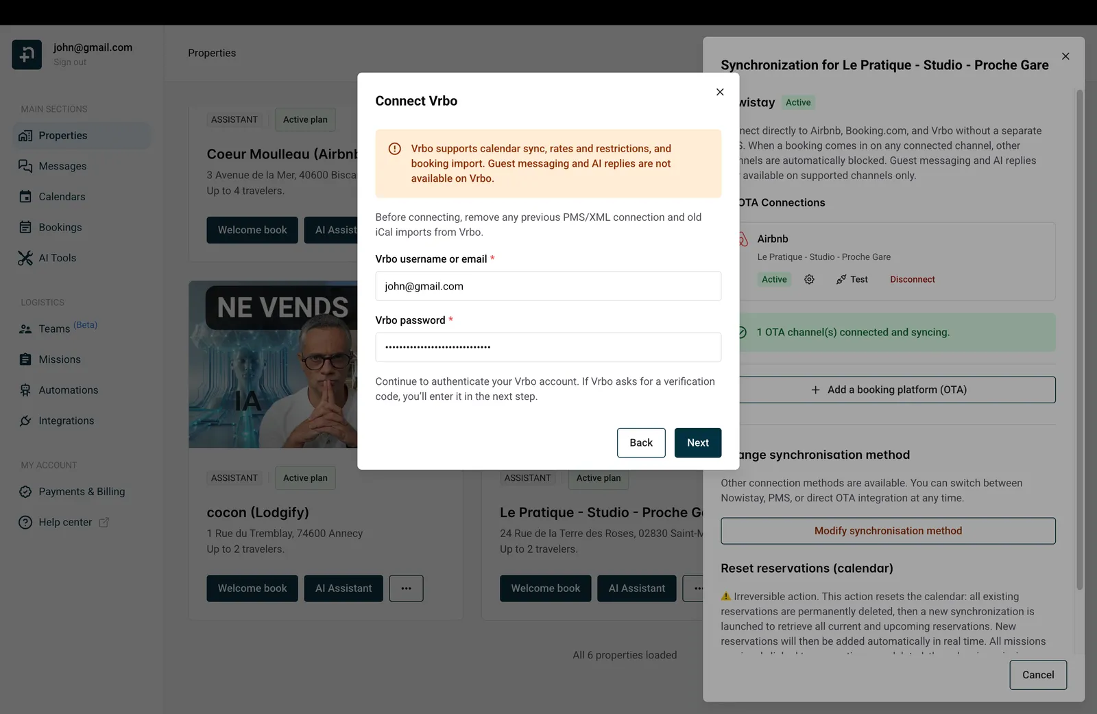 Dialog Vrbo verbinden mit Warnhinweis und Feldern für die Zugangsdaten
